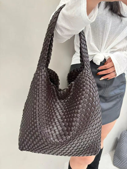 Women's Fashionable Woven PU Leather Tote Bag Shoulder Handbag Top-Handle Bag with Purse - Stylish Woven Bag Purses