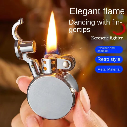 New Retro Round Kero sene Lighter Creative Metal Windproof Flame Lighter Gold and Silver Oil Lighter Smoking Accessories Tool