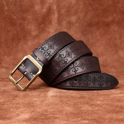 3.8CM Thickened Italian Pure Cowhide High Quality Genuine Leather Belts for Men Carving Strap Male Brass Buckle Jeans Cowboy