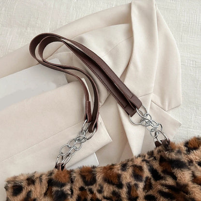 New Leopard Print Fur Bags Women Fashion Portable Faux Fur Handbags Winter Soft Warm Bag Girls Fluffy Large Capacity Tote Purse