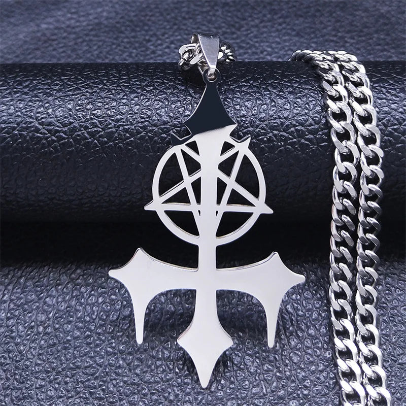 Goth Pentagram Sigil Satan Cross Necklace for Men Stainless Steel Black Y2k Gothic Star Lucifer Jewelry Halloween Gift N3002