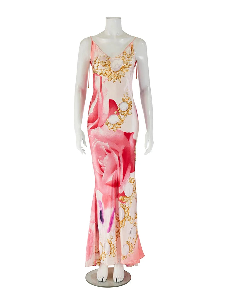 Sexy Sling Women's Maxi Dress V-neck Backless Floral Print Sleeveless Long Skirt 2026 NEW Summer Beach Vacation Party Vestido