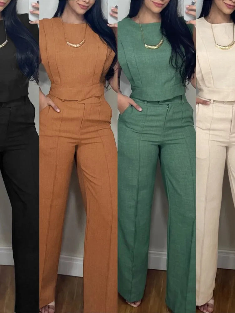 2026 Casual Solid Color Commuting Suit Spring And Summer New Fashion Sleeveless Loose Top With Straight Trousers Two-piece Set