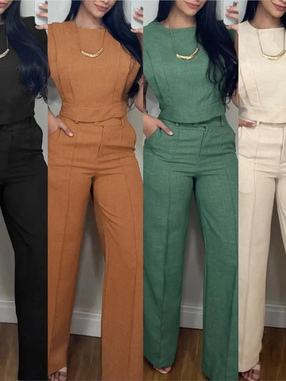 2026 Casual Solid Color Commuting Suit Spring And Summer New Fashion Sleeveless Loose Top With Straight Trousers Two-piece Set
