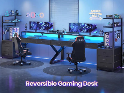 55" Gaming Desk with 6 Drawers, Corner Gaming Desk with Storage & LED Lights, Reversible PC Desk with Power Outlet,, Customized