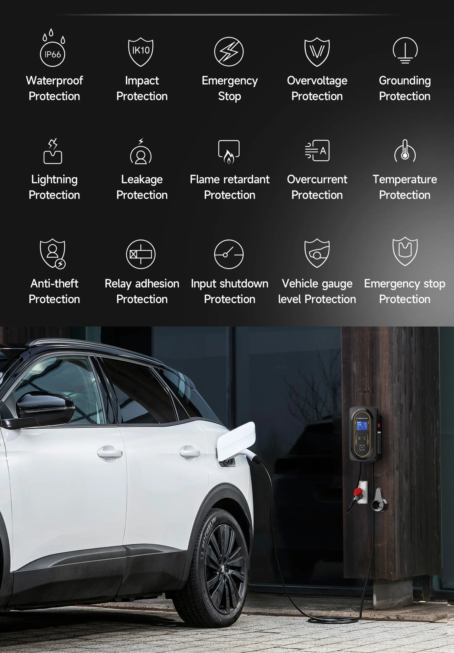 AFYEEV EV Charger 32A 7.6KW Electric Vehicle Car Charger EVSE Wallbox 11KW 22KW 3Phase Type2 Cable IEC62196-2 Socket APP Control