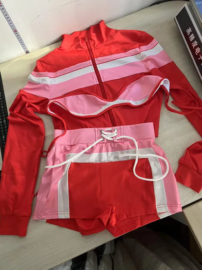 Joskaa Women 2025 Spliced 3 Piece Set Clothes Long Sleeve Cardigan Crop Top Jacket Jogger Biker Shorts Outfits Y2k Tracksuits