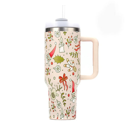 40oz Thermos Bottles Stainless Steel Christmas Series Insulated Water Bottle with Handle/straw Car Ice King Cup Christmas Gift
