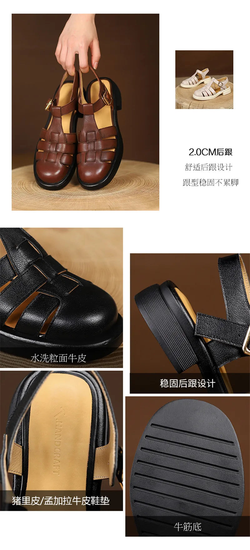 2023 Women Sandals Retro Genuine Leather Luxury Roman Sandals Casual Buckle Strap Summer Shoes GLADIATOR Thick Heel Women Shoes