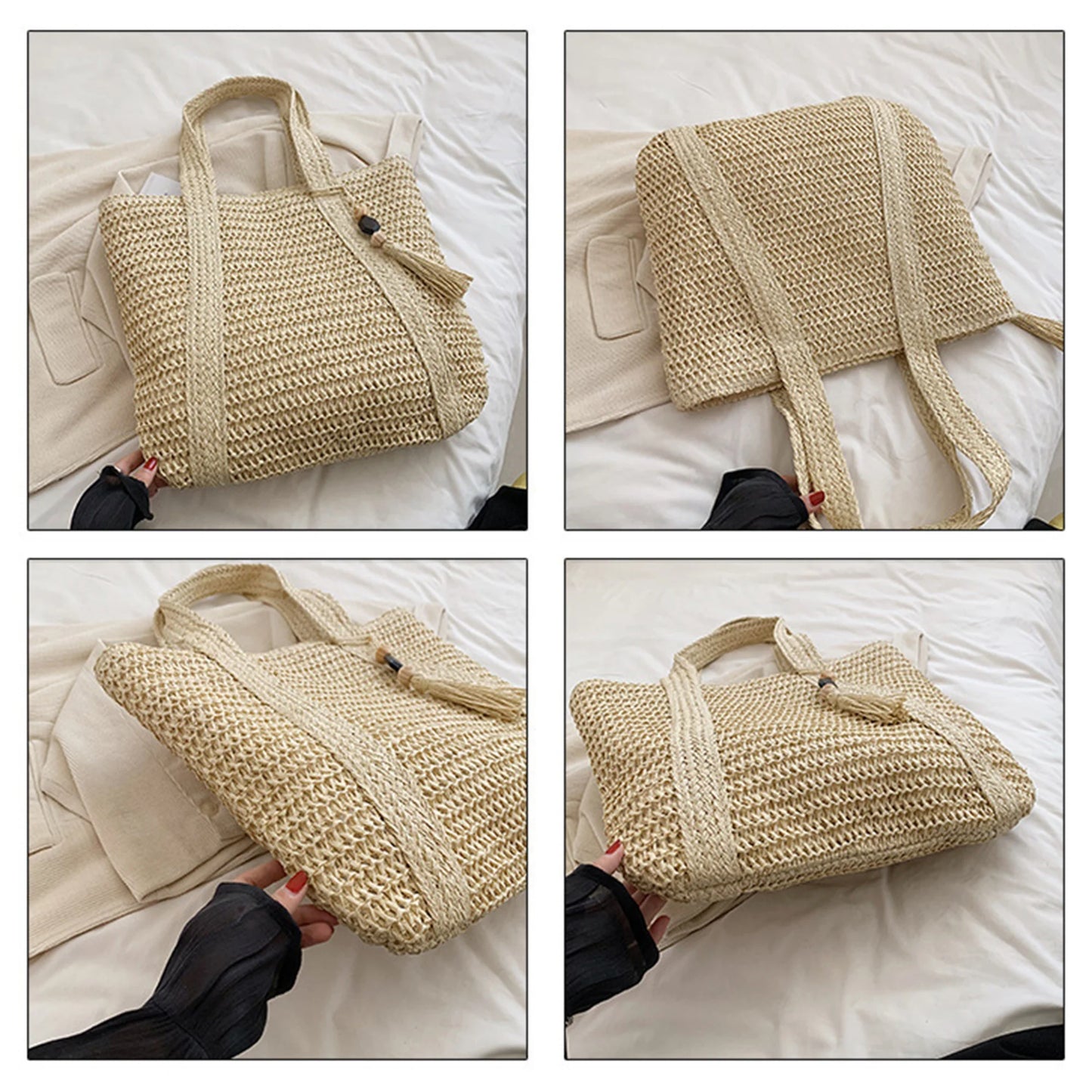 Women Hand Woven Tote Bag Solid Color Large Capacity Square Handbag Straw Shoulder Bag with Tassel Pendant