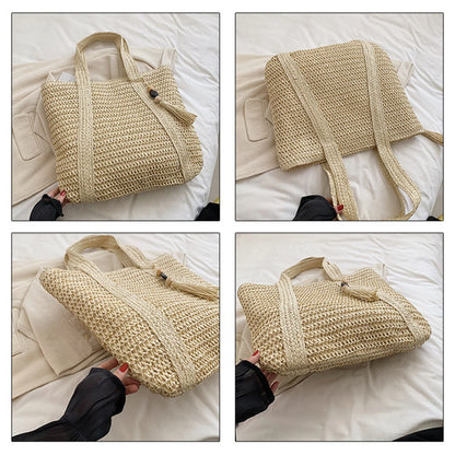 Women Hand Woven Tote Bag Solid Color Large Capacity Square Handbag Straw Shoulder Bag with Tassel Pendant
