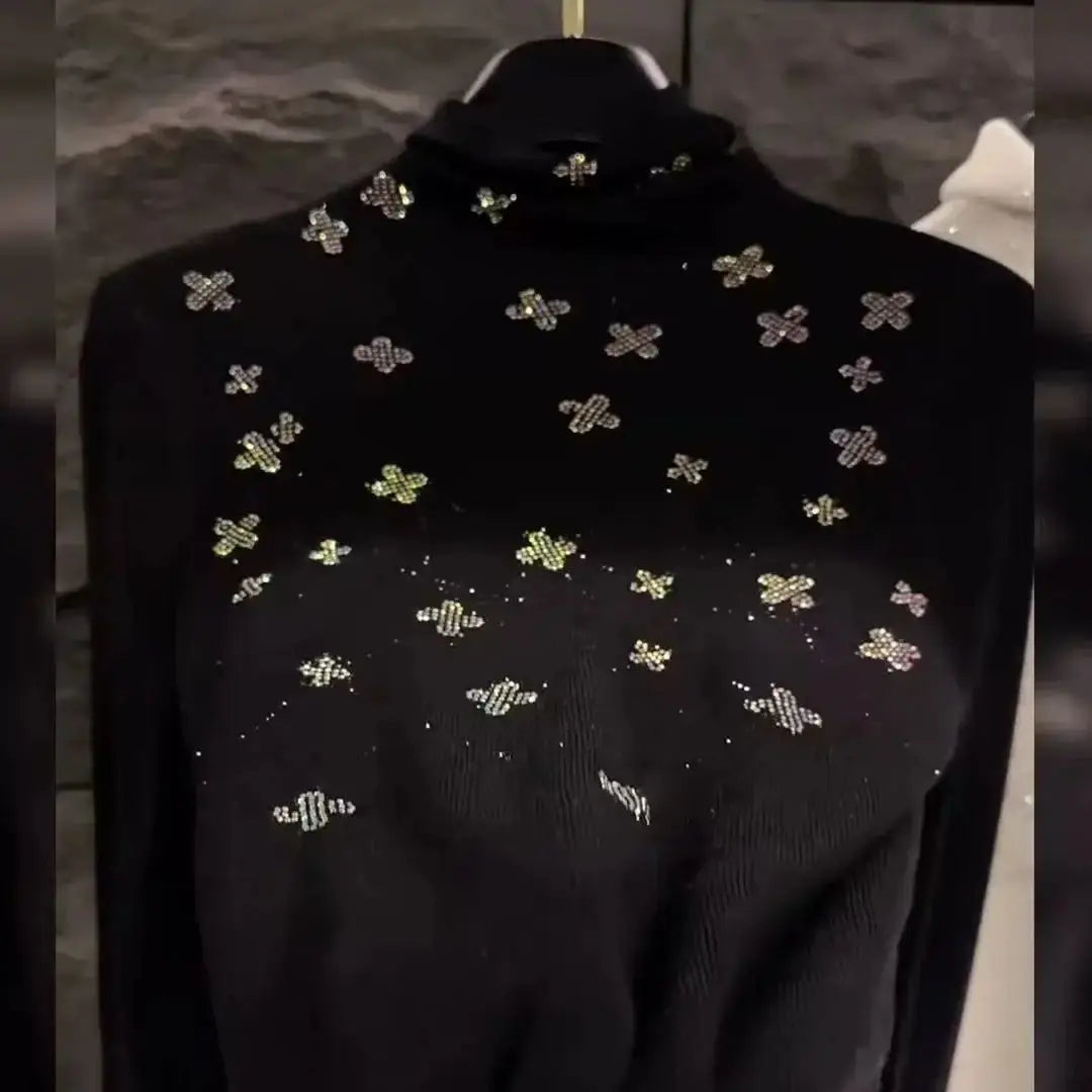 Luxury Style Diamonds Hot Drilling Turtleneck Slim Fit Black Sweater for Women Autumn/Winter Knitwear Pullovers Femme Clothing