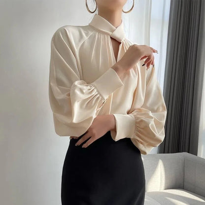 Office Lady Hollow Out Loose Shirt Tops Spring Autumn New Long Sleeve Elegant Solid Blouse Temperament Fashion Women Clothing