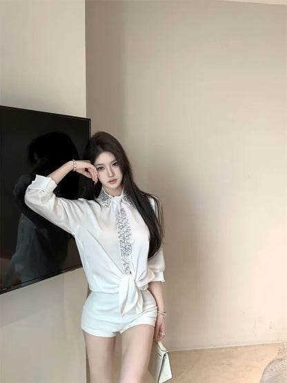 2025 Women's White Shirt New Spring Autumn Crystal Beading With Necktie Chiffon Shirt Female Blouses Ladies Tops Women Clothing