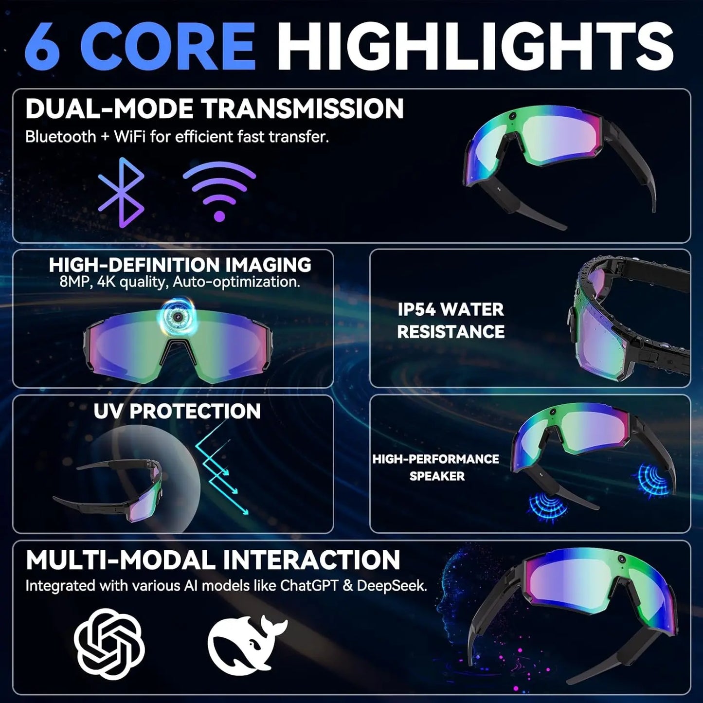 2026 AI Skiing Smart Glasses 800W HD Anti-shake Camera Action Capture Goggles Men 3D Surroud Sound AI Chat Call Sport Sunglasses