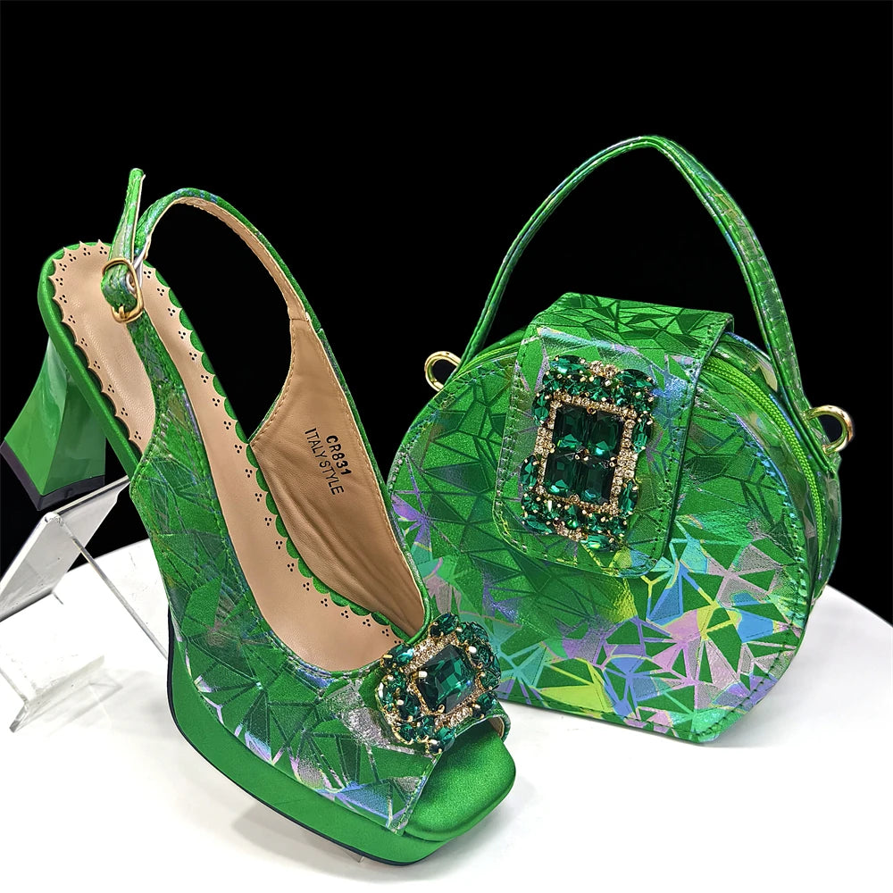 Venus Chan 2025 Elegant Peep-Toe Heels for Women - Perfect Italian Party Shoes & Bag Set with Sparkling Diamond Accents