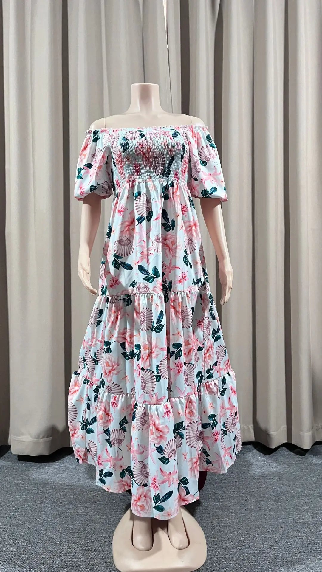 Summer Dresses for Women Print Off Shoulder Broken Flower Open Shoulder Long Dress Streetwear