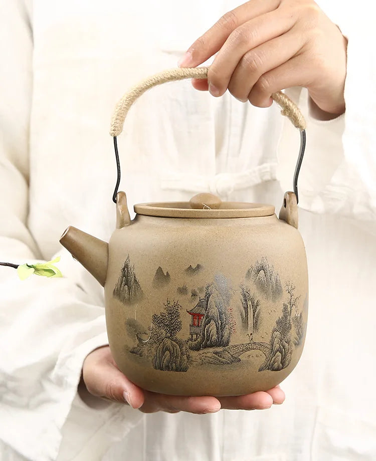 Retro Japanese coarse pottery beam pot business gift ceramic kung fu tea set large teacup
