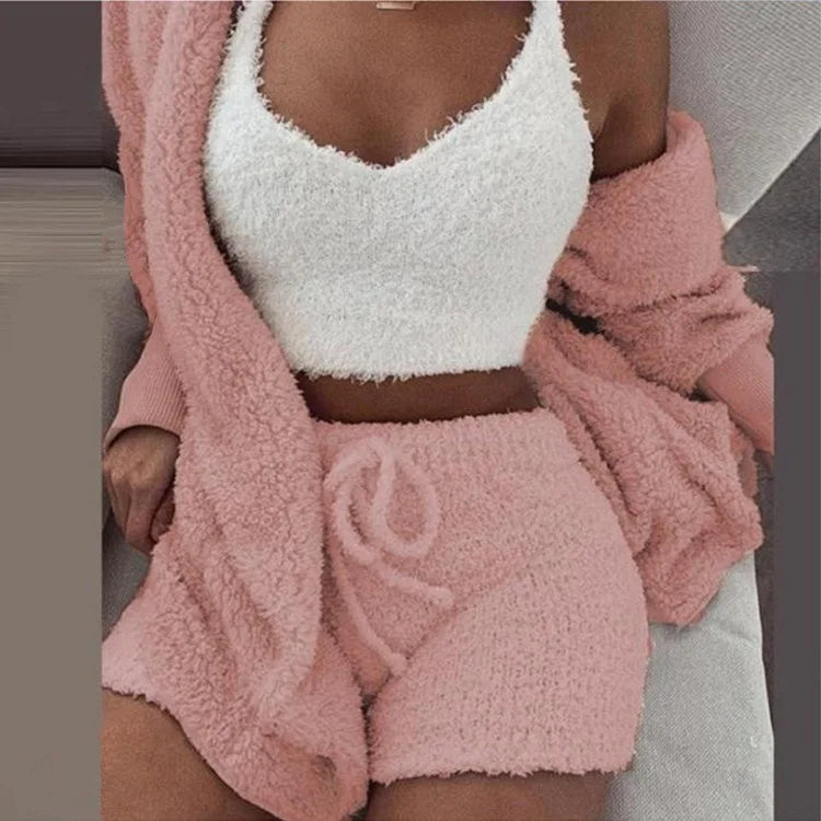 2026 New Women's Velvet Pajamas Set Sexy Crop Top+Shorts+Coat 3 Pieces Suit Sleepwear Casual Soft Clothes Homewear Pyjamas S-3XL