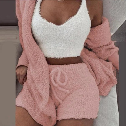 2026 New Women's Velvet Pajamas Set Sexy Crop Top+Shorts+Coat 3 Pieces Suit Sleepwear Casual Soft Clothes Homewear Pyjamas S-3XL
