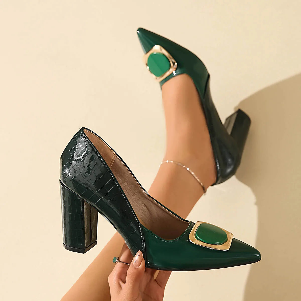 Large Size Fashion High Heels for Women, Thick Pointed Work Shoes, Metal Square Buckle Women's Shoes for One Foot
