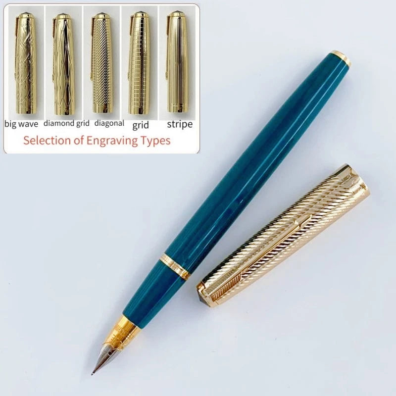 WingSung 601A Double Blue Stone Fountain Pen Gold Carving Cap Vacuum Piston F 0.5mm Iridium Wrapped Nib Writing Ink Pens Gift