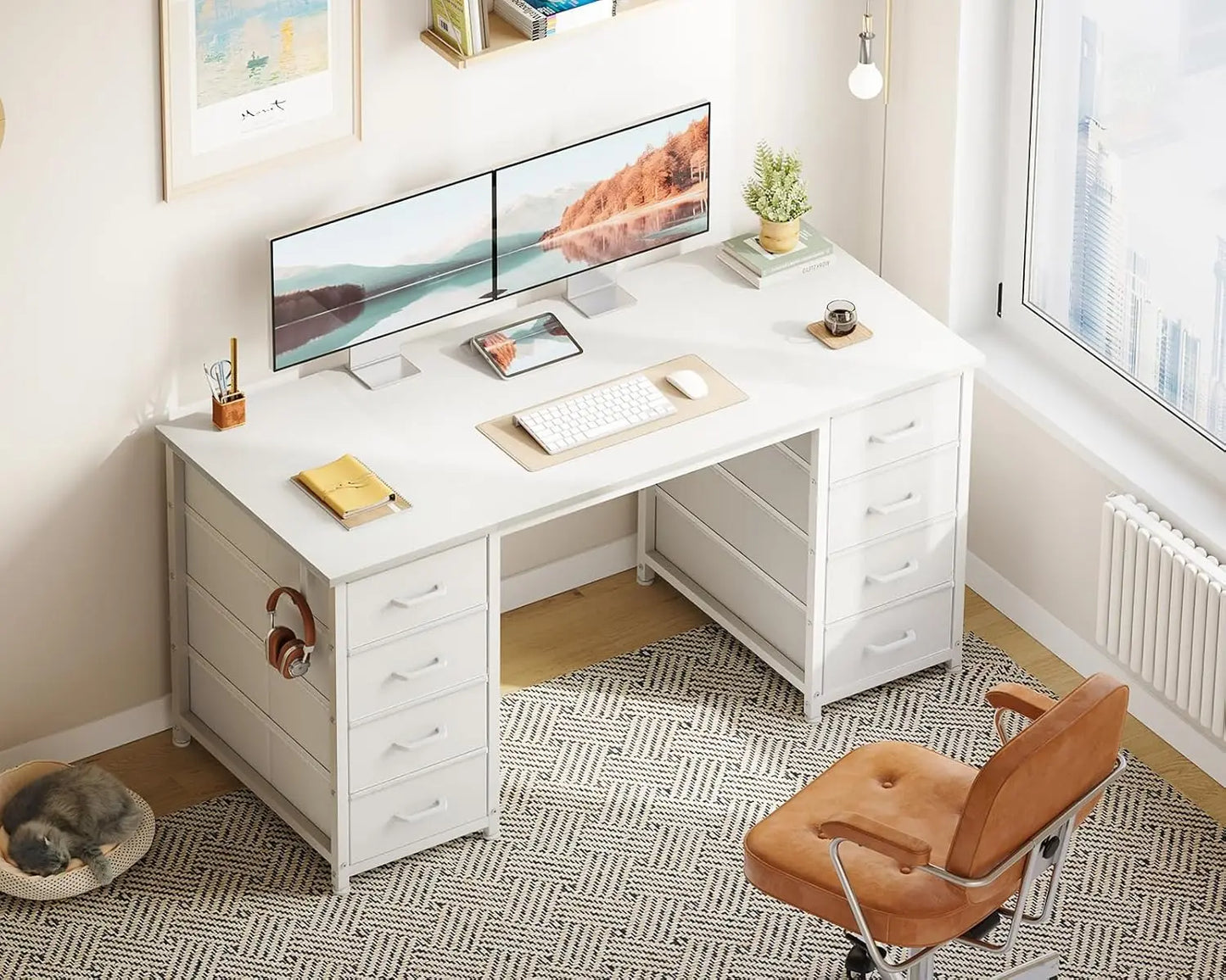 48 Inch White Computer Desk with 8 Fabric Drawers, Modern Office Desk with Large Storage for Home Office, Study,, Customized