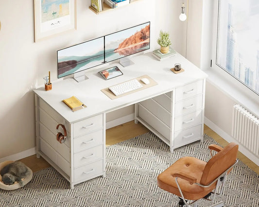 48 Inch White Computer Desk with 8 Fabric Drawers, Modern Office Desk with Large Storage for Home Office, Study,, Customized