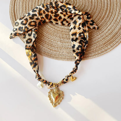 Women’s Fashion Scarf Necklace with Large Stainless Steel Heart Pendant Stackable Bandana Jewelry