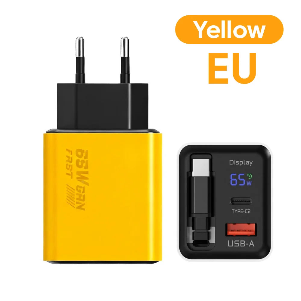 65W USB C GaN Charger Wall Charger Power Adapter Digital Display With Retractable Type C Cable For iPhone 17 16 Samsung Xiaomi