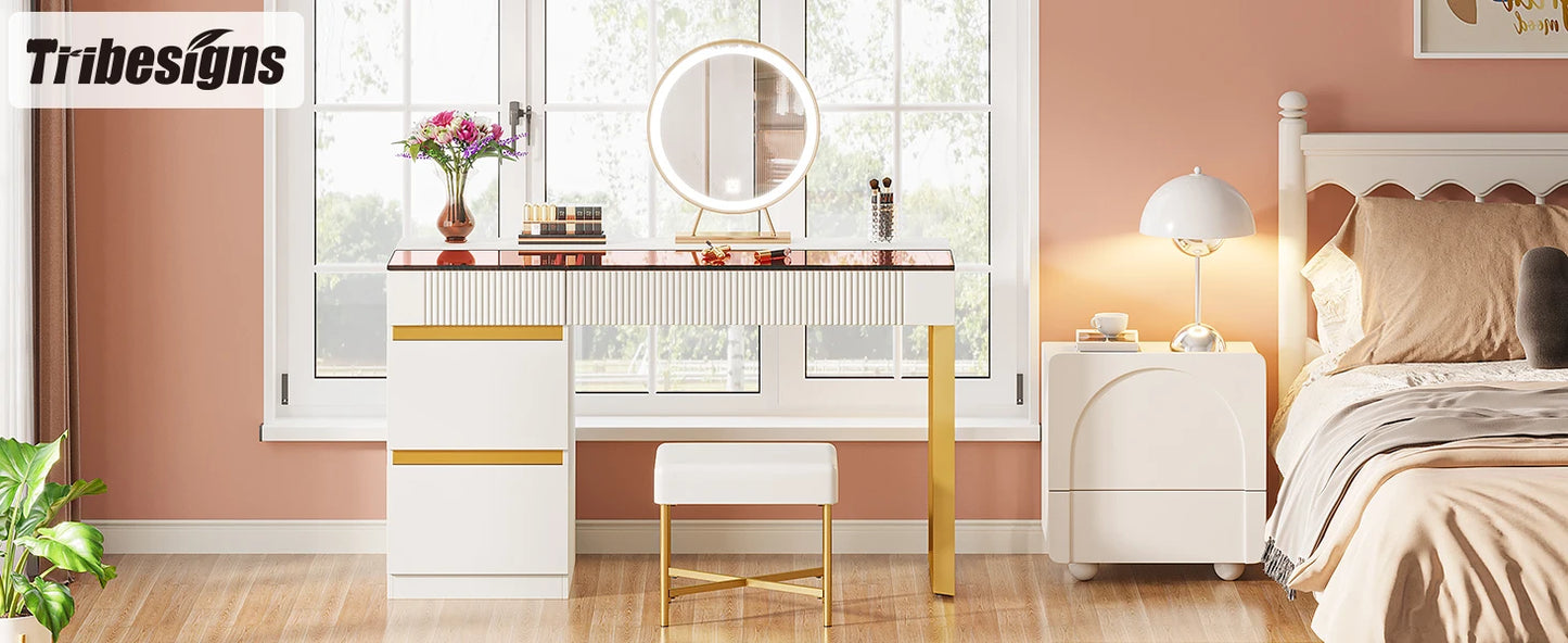 Tribesigns Computer Desk with 4 Drawers, 47 Inch Modern Home Office Desk with Glass Top, White and Gold Writing Workstation Desk