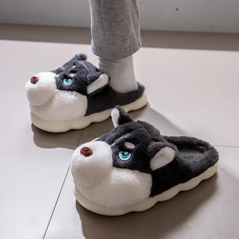 Women Indoor Cotton Slippers Cute Cartoon Dog Winter Warm Shoes Couples Home Floor Slides Anti-slip  Female Male House Footwear