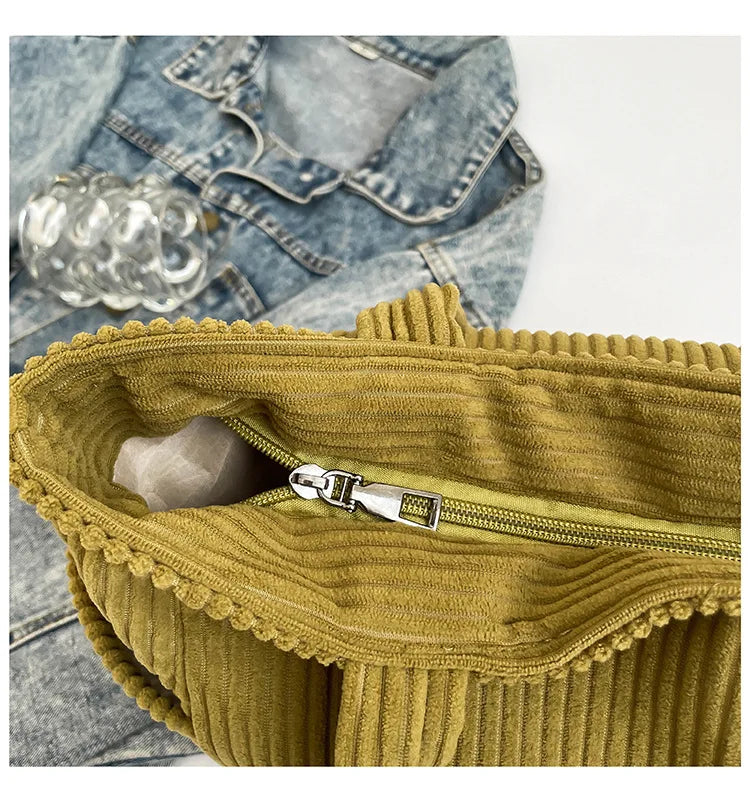 Casual Corduroy Handbag with Zipper Closure Light and Large Capacity Fixed Shoulder Strap Solid Color Daily Commuter Handbag