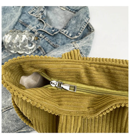 Casual Corduroy Handbag with Zipper Closure Light and Large Capacity Fixed Shoulder Strap Solid Color Daily Commuter Handbag
