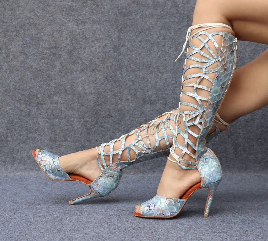 Ladingwu High-end Custom Material Fish Scale Texture Women Dance Shoes Sexy Pole Dance Boots Ladies Wedding Ballroom Shoes
