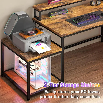Rustic Brown L-Shaped Gaming Desk with LED & Power Outlets, Reversible Corner Desk with Storage and Hooks,Home Office Customized