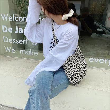 Women's Shoulder Bags Leopard Print Flower Fashionable Trendy Canvas Cross Bags Large Capacity Portable Shopping Shoulder Bags
