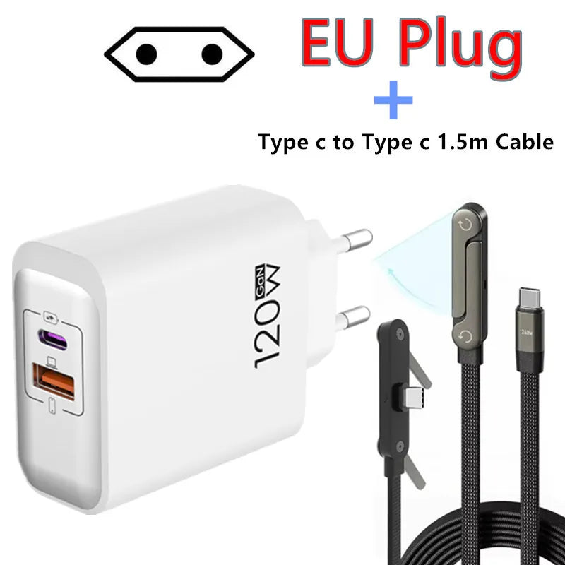 120W PD Fast Charger Type C Quick Charge USB C Wall Charger Adapter For iPhone 17 16 15 Samsung Xiaomi OPPO 2-in-1 Data Cable﻿﻿
