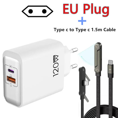 120W PD Fast Charger Type C Quick Charge USB C Wall Charger Adapter For iPhone 17 16 15 Samsung Xiaomi OPPO 2-in-1 Data Cable﻿﻿