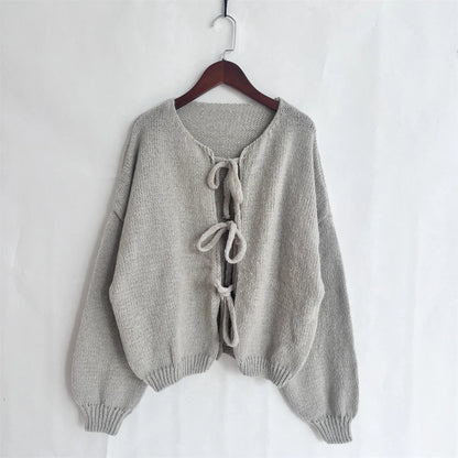 Bow Tie Front Cardigan for Women Long Sleeve Knitted Jacket Sweater Autumn Winter Knitwear Teen-girl Y2K Cute Outfit