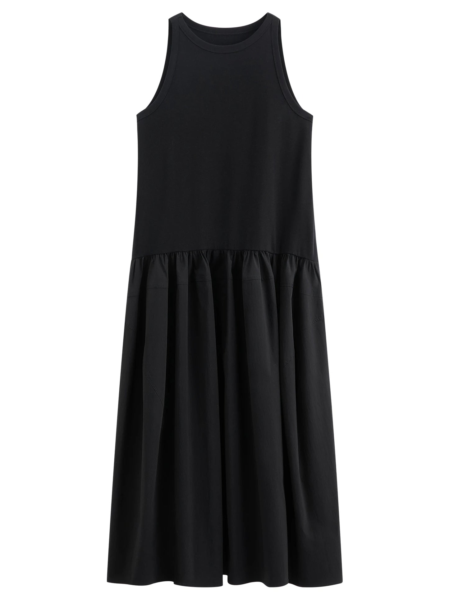 FSLE Women's Minimalist Commute Sleeveless Crew Neck Slim Fit Tank Dress 2026 Summer New Arrival Elegant Black Long Daily Dress