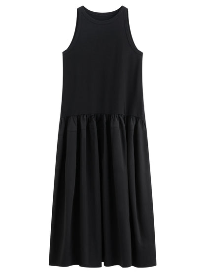 FSLE Women's Minimalist Commute Sleeveless Crew Neck Slim Fit Tank Dress 2026 Summer New Arrival Elegant Black Long Daily Dress
