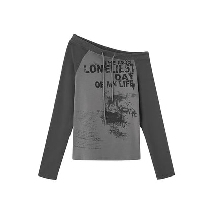 Karrram Japanese Y2k Off Shoulder T-shirt Grunge Aesthetics Graffiti Print Long Sleeve Tee Shirt Vintage Harajuku Streetwear 90s