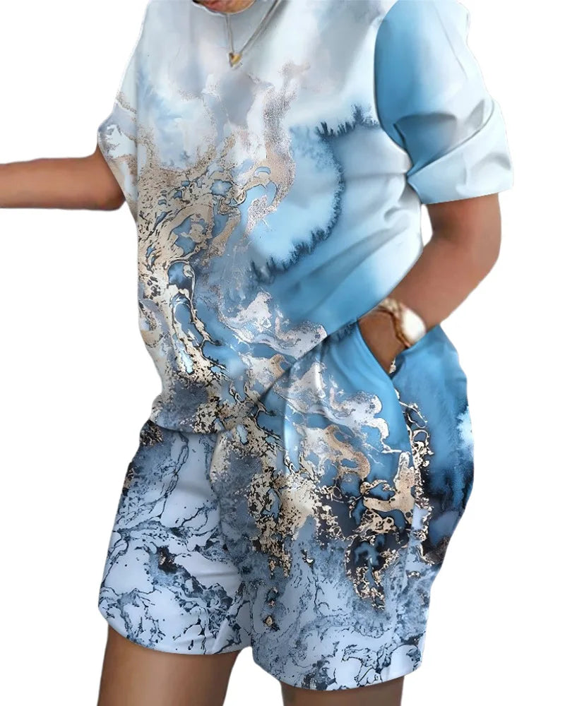 Ladies Casual Summer Two Piece Sets Printed Shorts Sets Women Round Neck Short Sleeve T Shirts Pullover High Waist Trousers Suit