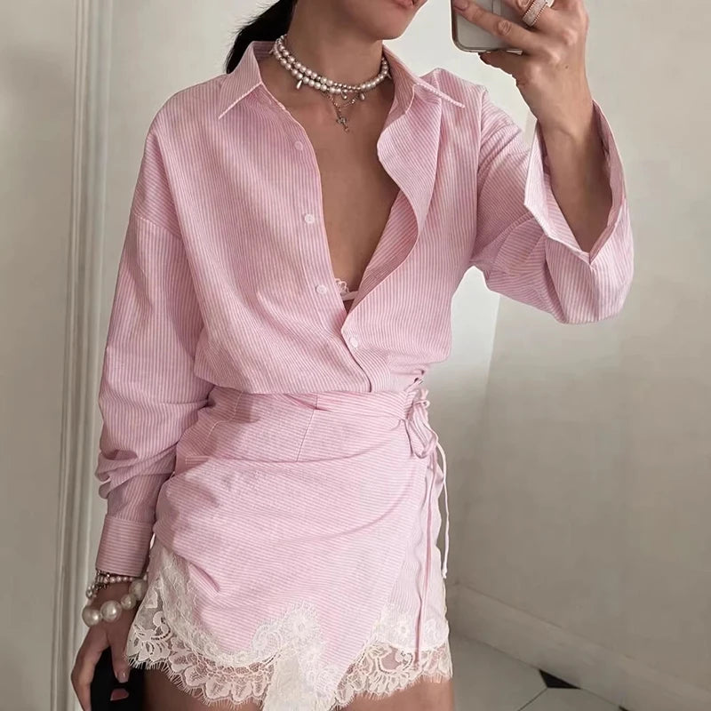 Striped Mini Dress Women Lapel Single Breasted Long Sleeves Lace Patchwork Waistband Robe Female 2026 Summer Beach Vacation Sets