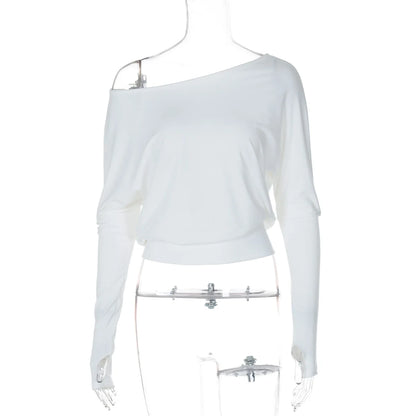 Sexy Elegant Long Sleeves Top Irregular One Shoulder Women Tops T Shirt Birthday Party Club Date Casual Office Clothes