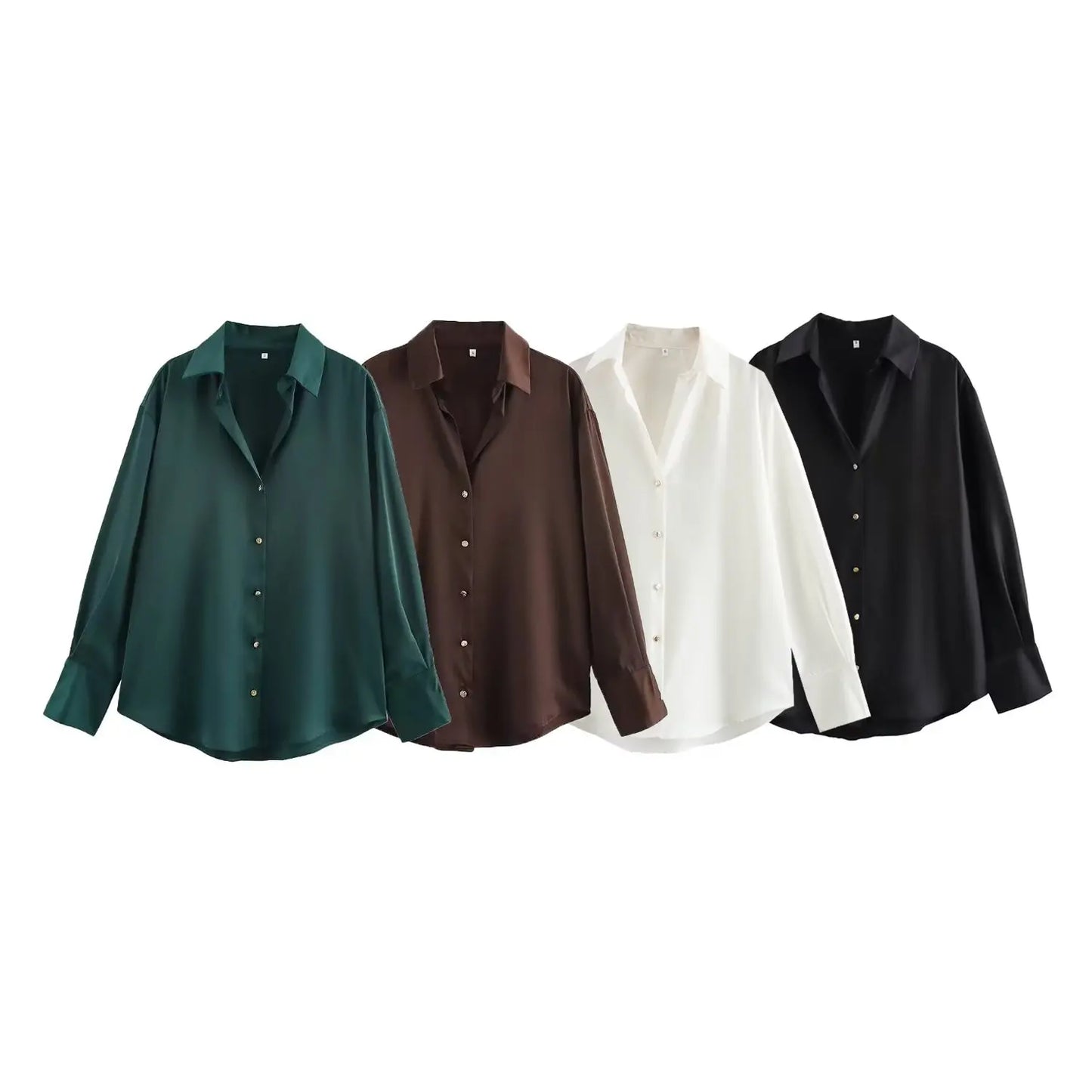 DUOPERI Women Fashion Satin Brown Blouse Lapel Neck Long Sleeves Vintage Female Chic Lady Shirts