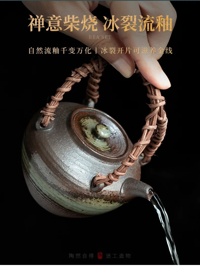 400ml Clear Water Wood-fired Porcelain Lifting Handle Teapot Aesthetic Tea Infuser Pot Tea Maker Kettle With Strainer Teaware
