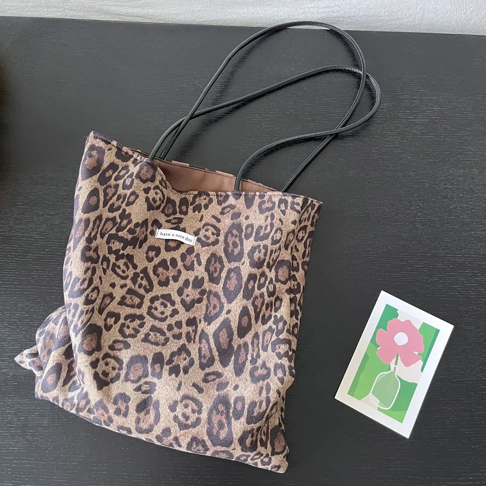 Vintage Faux Suede Women's Leopard Shoulder Bags PU Strap Double Side Female Purse Handbags Fall Winte Canvas Tote Underarm Bag