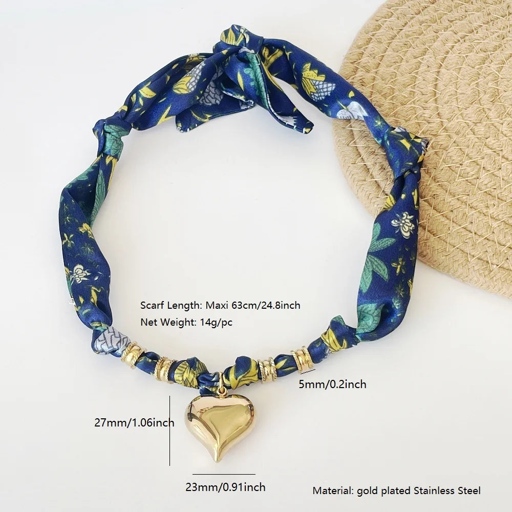Women’s Fashion Scarf Necklace with Large Stainless Steel Heart Pendant Stackable Bandana Jewelry